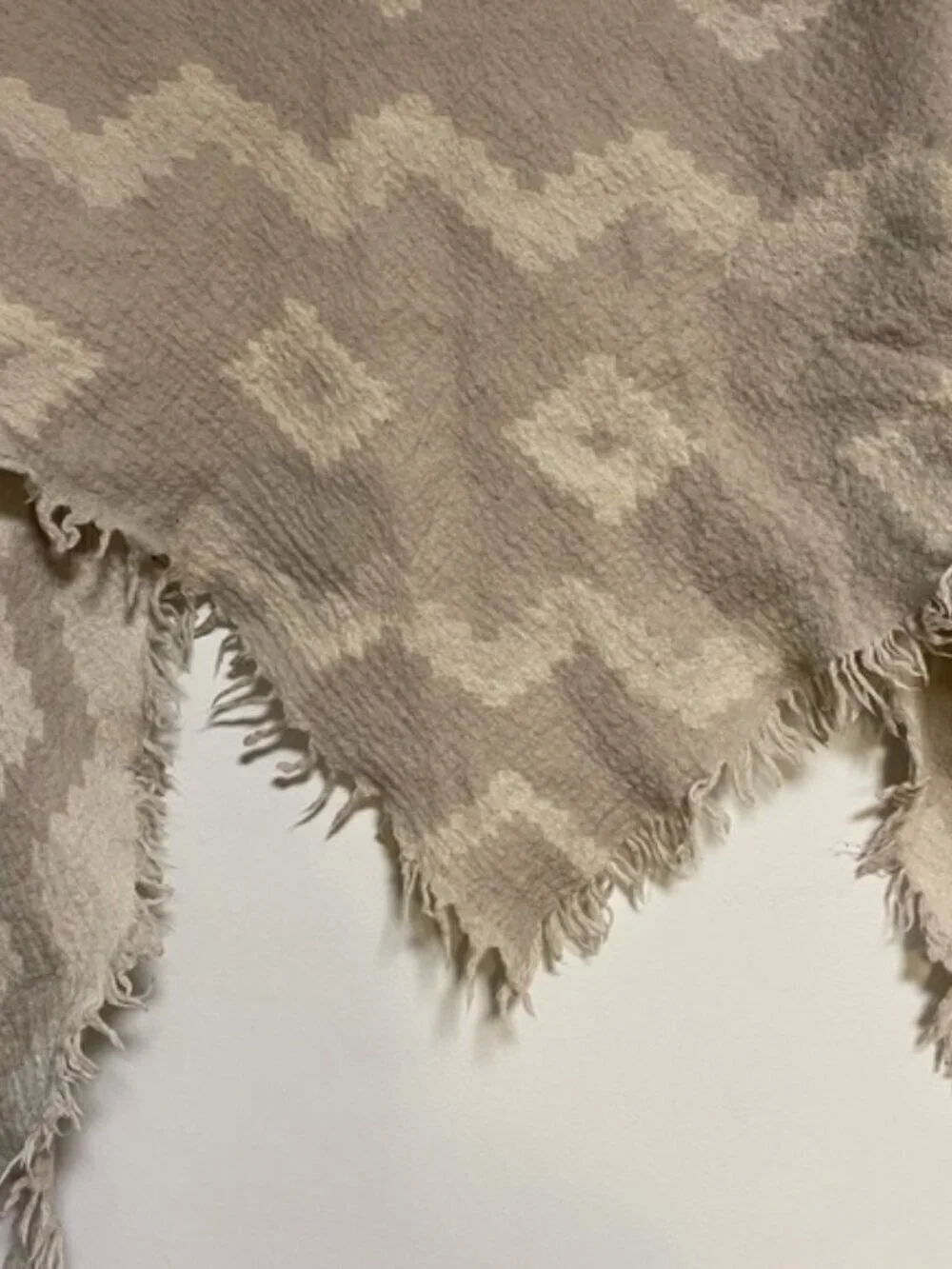 Neutral Geometric Fringe Poncho Wrap Shawl Beige Cream One Size